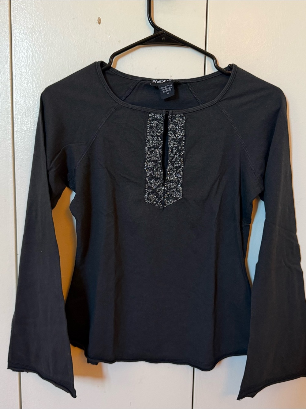 Passport Black Long-Sleeve Top with Beaded Front Placket